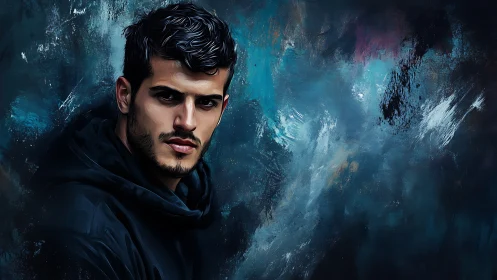 Brooding man emerges against moody abstract teal storm.