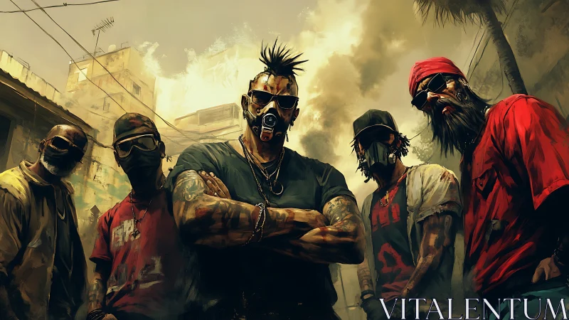 Masked street gang confronts a tense dystopian urban skyline