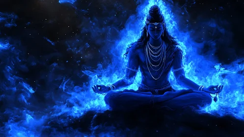 Blue luminous figure in lotus pose within swirling void.