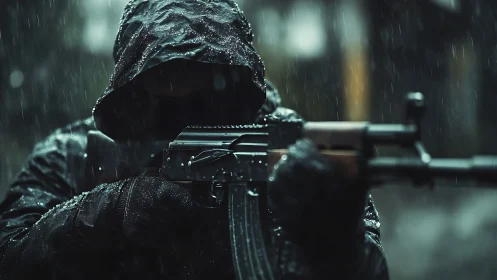 Hooded armed figure aiming rifle in heavy urban rainfall