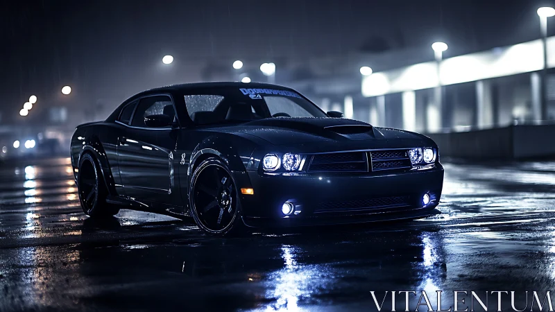 Midnight muscle car on wet urban street, cinematic rain lighting.