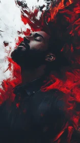 Man surrenders to blazing emotions in abstract red storm