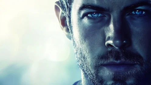 Electric blue gaze in a cool, cinematic portrait close-up.