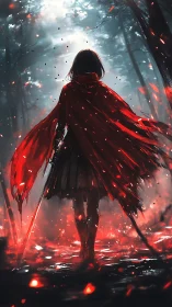 Backlit scarlet-cloaked swordswoman in ember-strewn forest.