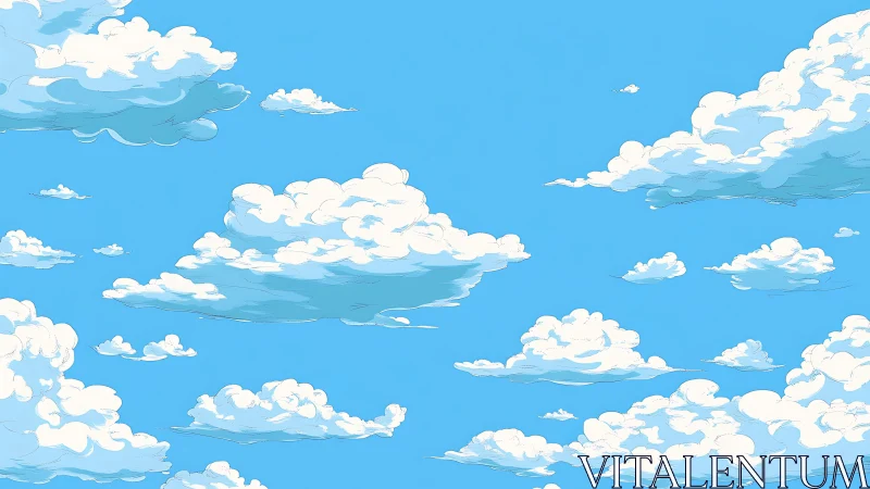 Layered cartoon clouds across wide blue daytime sky.