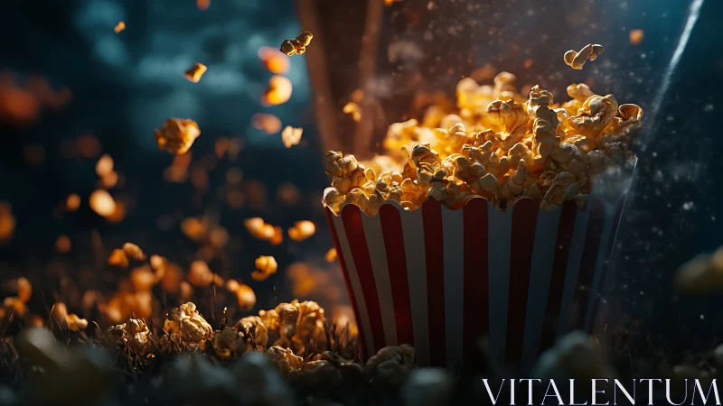 Cinematic popcorn splash in dynamic shallow-depth lighting design.