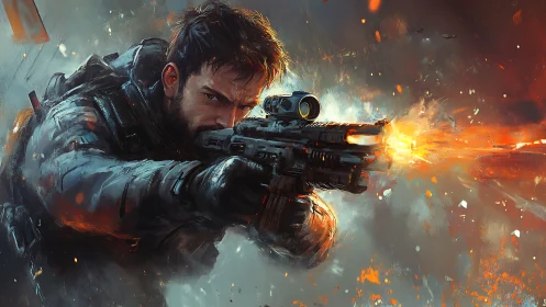 Dynamic rifle muzzle flash illuminates tactical shooter portrait