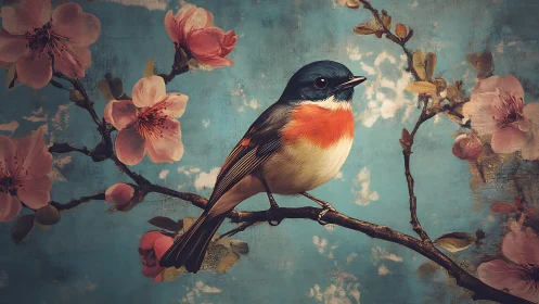 Colorful songbird on cherry blossom branch in vintage painting style.