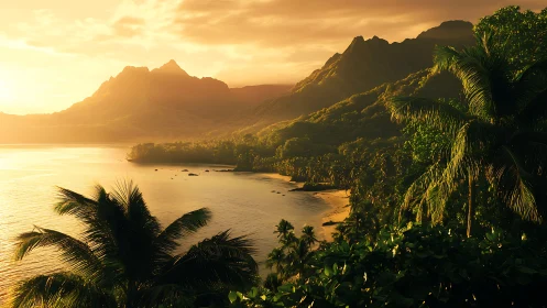 Tropical coastal valley bathed in golden hour sunlight with mountains.