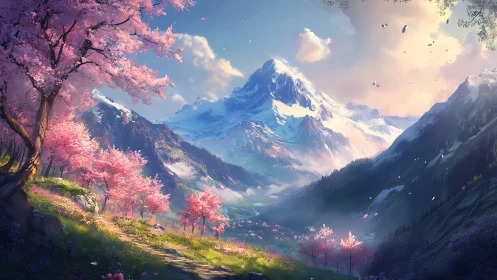 Alpine valley with cherry blossoms and snowcapped peak at dawn