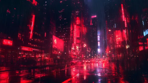 Rain-soaked neon avenue compresses depth with red-saturated contrast