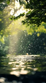 Sunlit forest rain over reflective woodland water. Period.