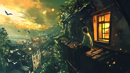 Twilight rooftop solitude beside a glowing windowed room.