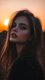Sunset-lit muse with windswept hair and ember-soft gaze.