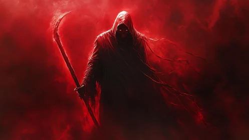 Crimson spectral reaper with scythe in particulate red haze.