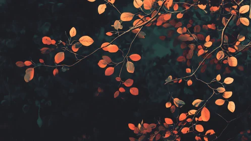 Autumn Leaves on Branches Against Dark Background, Artistic Style.