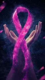 Pink awareness ribbon of particles between open hands.