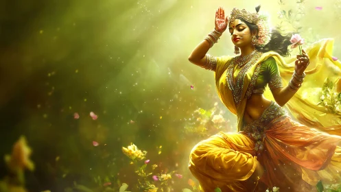 Divine dancer in radiant golden light with floral motion.
