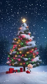 Snowy Christmas tree glows as a joyful snowman celebrates.