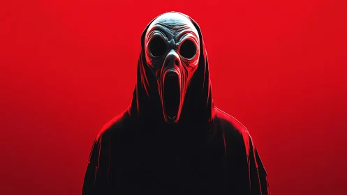 Hooded skeletal figure with elongated mask stands in red light