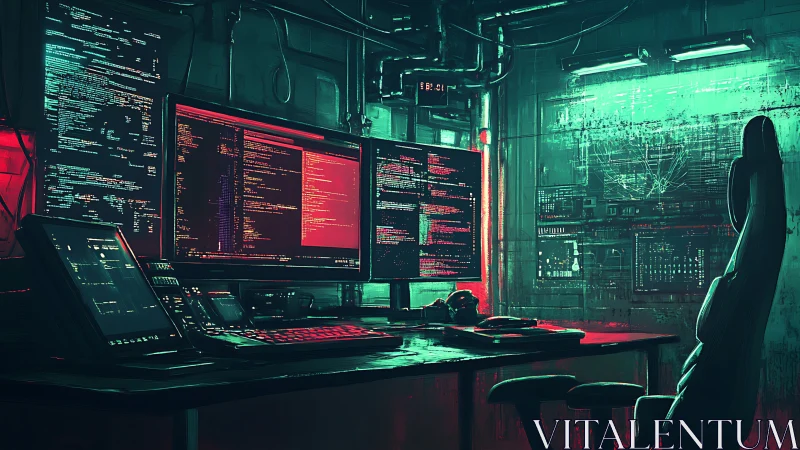 Neon-lit multi-monitor cyber ops workstation renders immersive