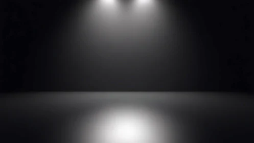Minimalist dark stage with dual overhead spotlights rendering.