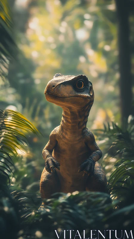 Young dinosaur standing alert in soft jungle light.