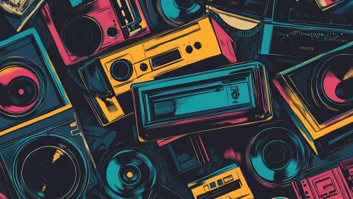 Retro stereo collage bursts with bold cyan magenta gold.