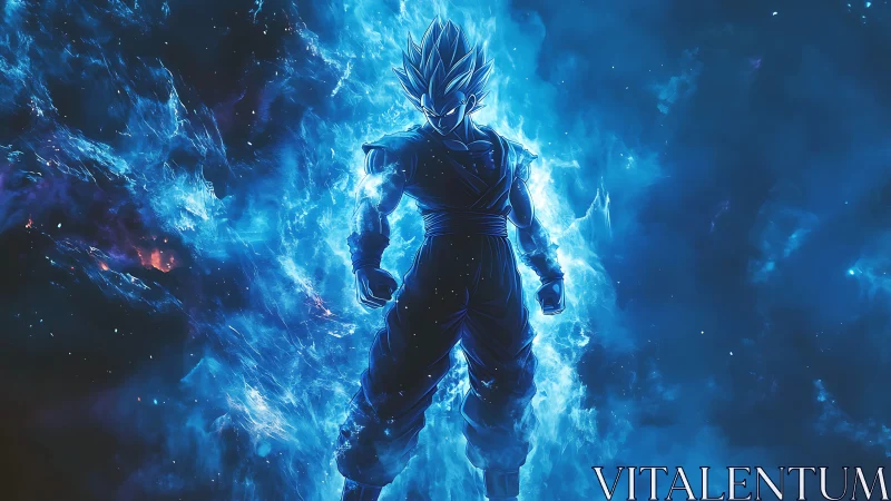 Blue energy warrior silhouette in cosmic explosion glow.