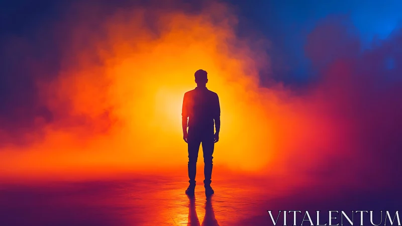 Silhouetted person against vivid orange and blue haze.