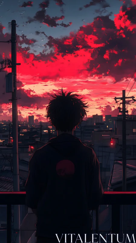 Solitary figure watching neon red dusk over city rooftops.