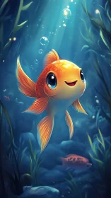 Cartoon goldfish underwater with volumetric light rays