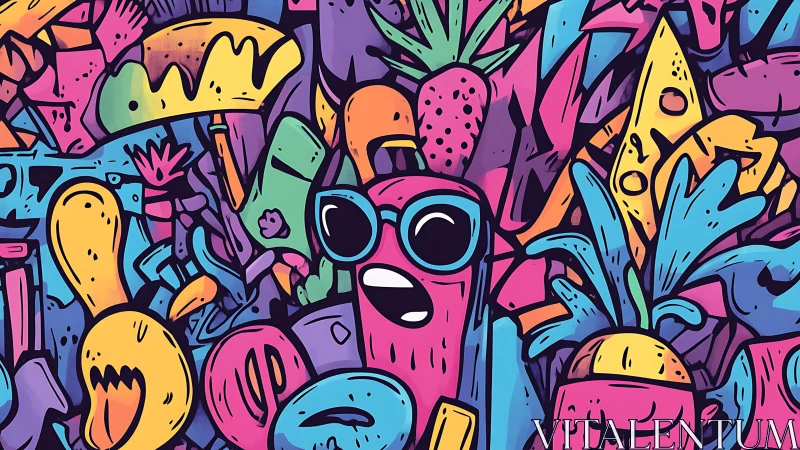 Playful cartoon food characters explode in neon color.