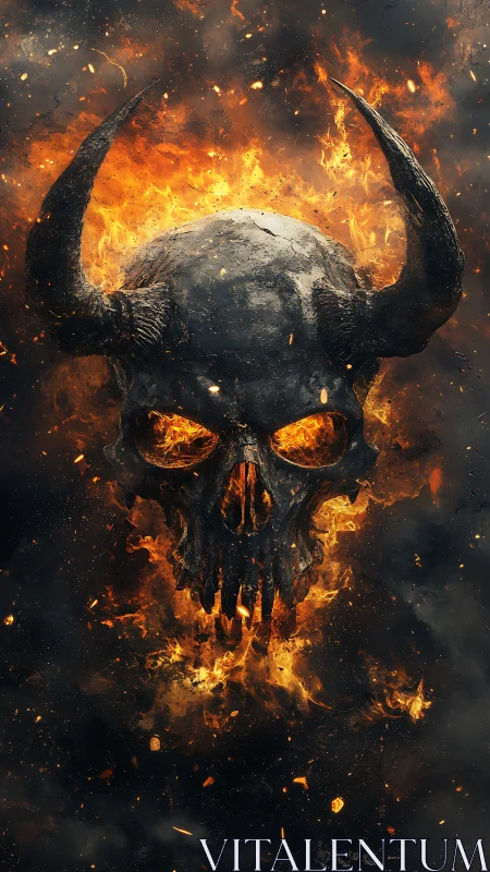 Infernal horned skull emerging from swirling firestorm.