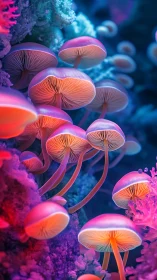 Neon bioluminescent mushrooms in saturated coral forest.