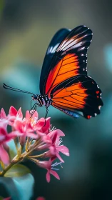 Monarch butterfly grips pink blossoms in soft teal bokeh.