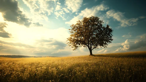 Solitary tree on open grass field under late day sky.