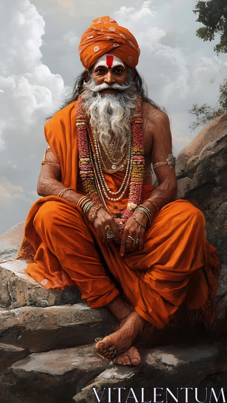 Serene holy man in saffron robes rests on rocky steps outdoors.
