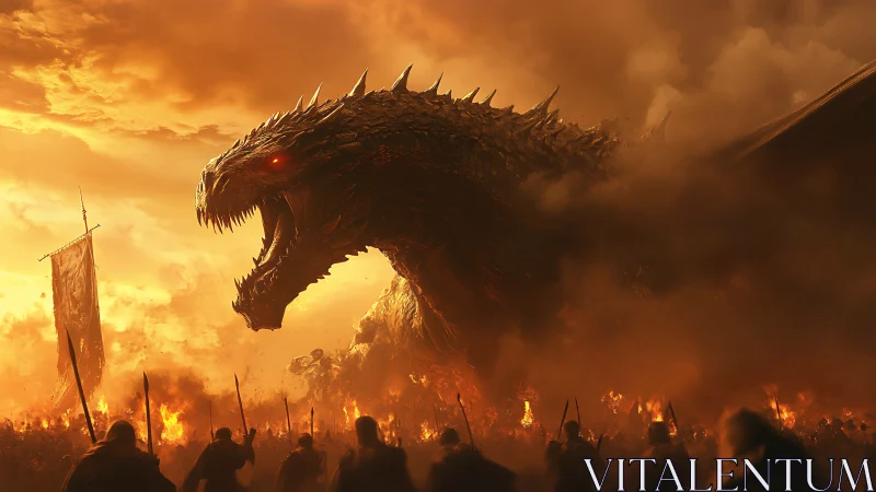 Colossal dragon dominates infernal battlefield in molten light.