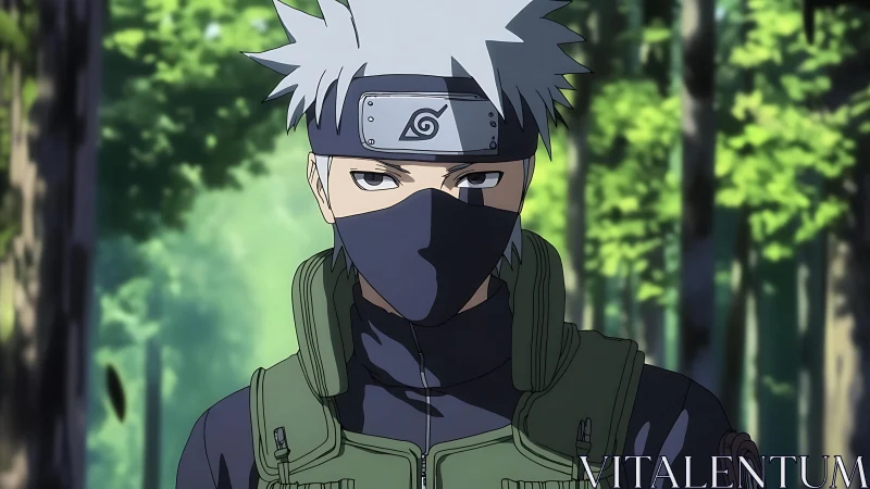 Masked silver-haired ninja in tactical vest in forest light.
