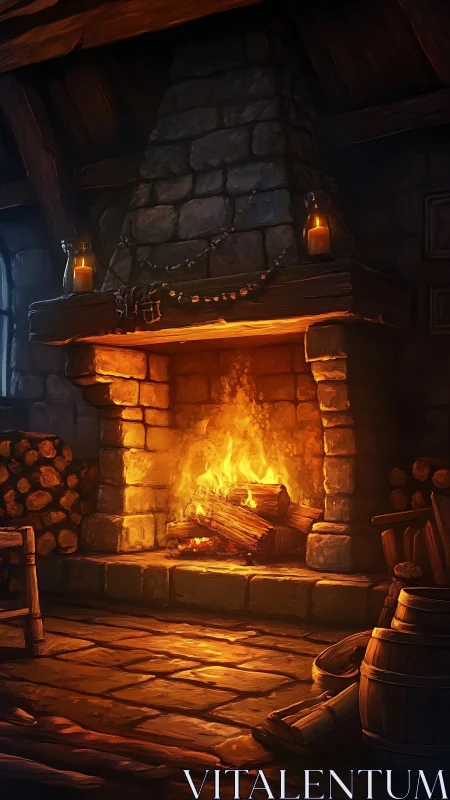 Tavern Hearth Fire Glowing in Medieval Stone Fireplace.