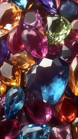 Multicolored faceted gemstones in dense close-up arrangement.