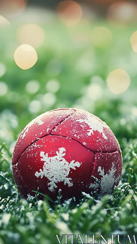 Red snowflake ornament ball resting on frosty green grass.