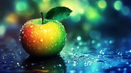 Rainbow apple glows under dewy bokeh lighting on water surface.