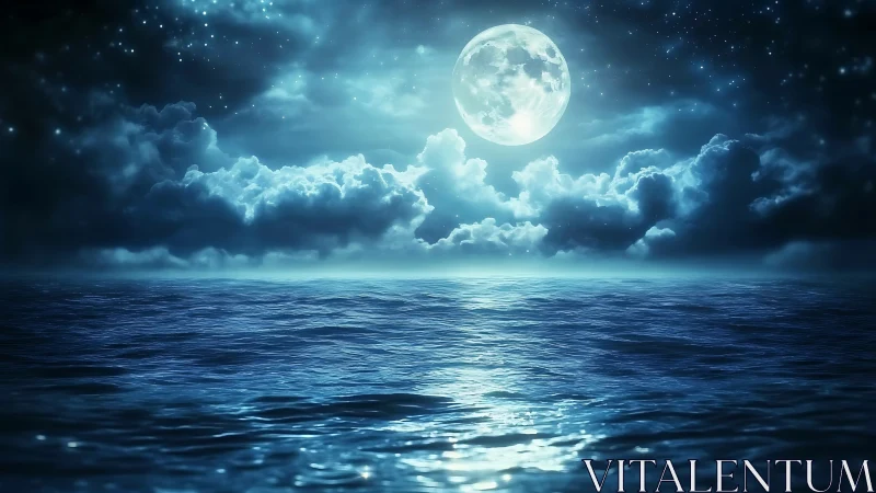 Luminous full moon illuminates reflective open ocean under dense clouds