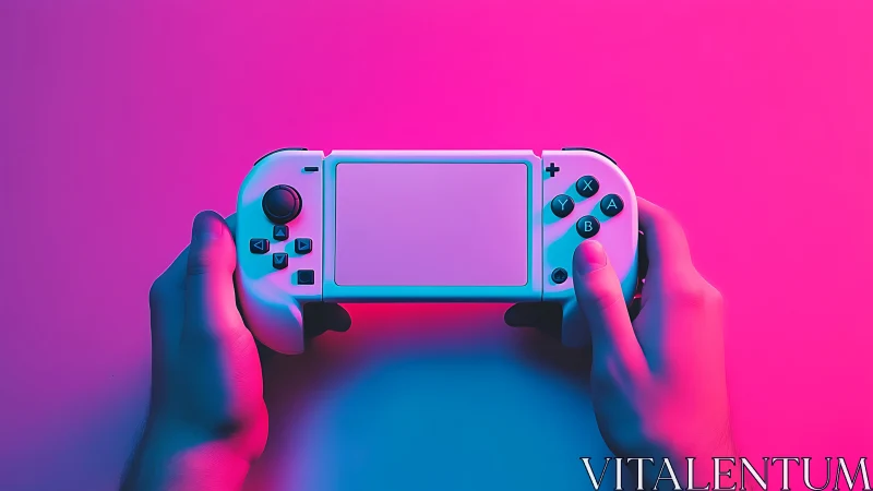 Hands Holding Gaming Device in Neon Lighting.