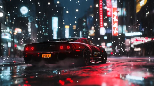 Red supercar cuts through neon city storm at midnight.