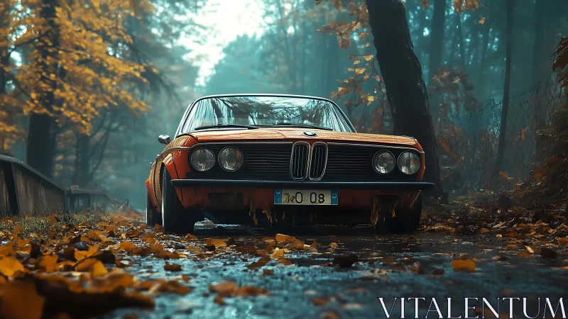 Classic BMW coupe stands on wet forest road in autumn fog