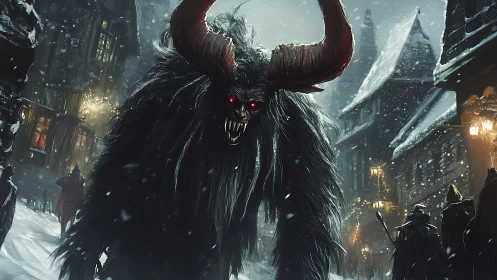 Horned winter wraith advancing through snowbound medieval alley.