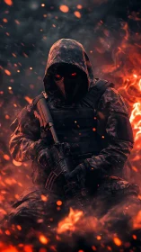 Ember-eyed shadow trooper kneels amid a storm of sparks.